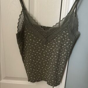 American Eagle Olive Green Lace Floral Tank Top